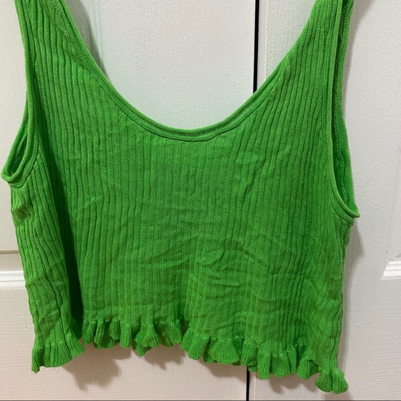 Zara Lime Green Ribbed Crop Top with Ruffles - Picture 2 of 2